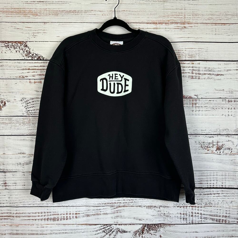 Men's EUC HEY DUDE Black Crewneck Pullover Sweatshirt Front Logo Casual Knit L